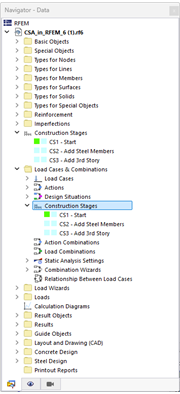 Navigation area with selection for load cases and combinations. Clear display of structural input values in construction.