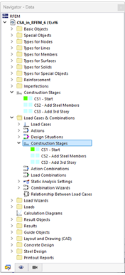 Navigation area with selection for load cases and combinations. Clear display of structural input values in construction.