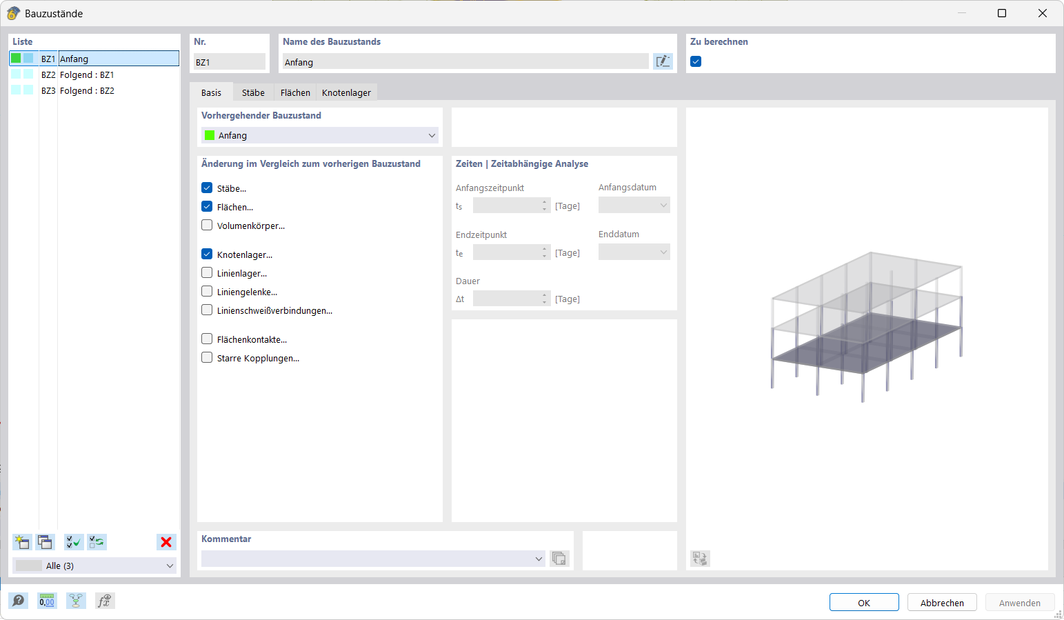 The dialog box shows how construction stages are assigned to specific structural objects in a structural project.