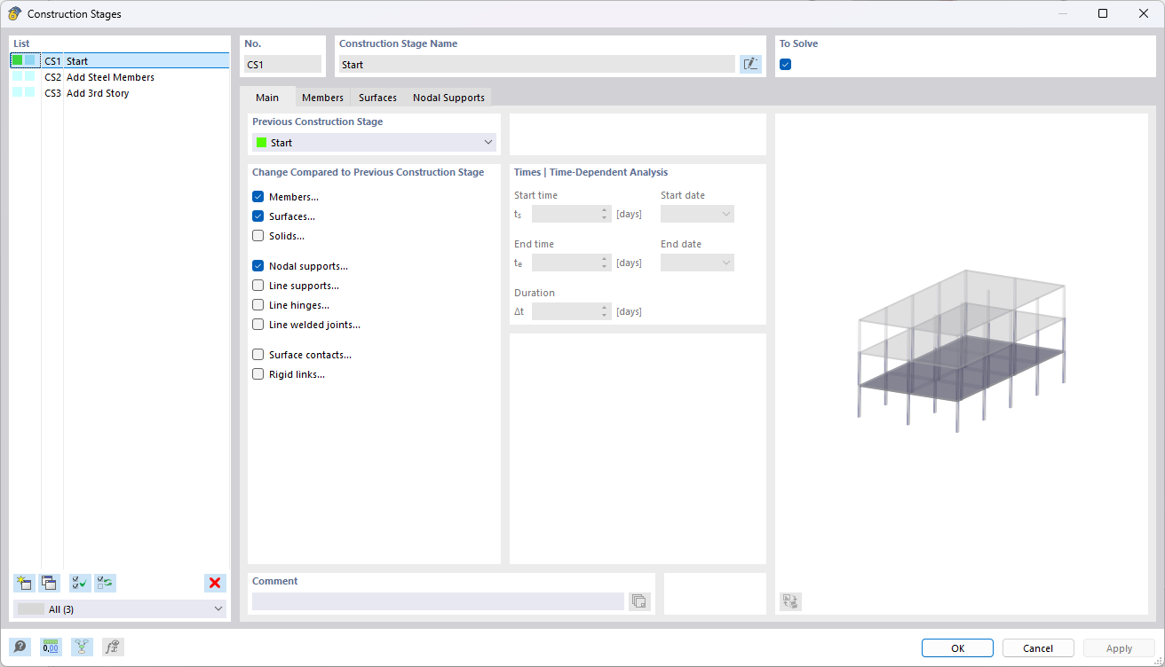 The dialog box shows how construction stages are assigned to specific structural objects in a structural project.