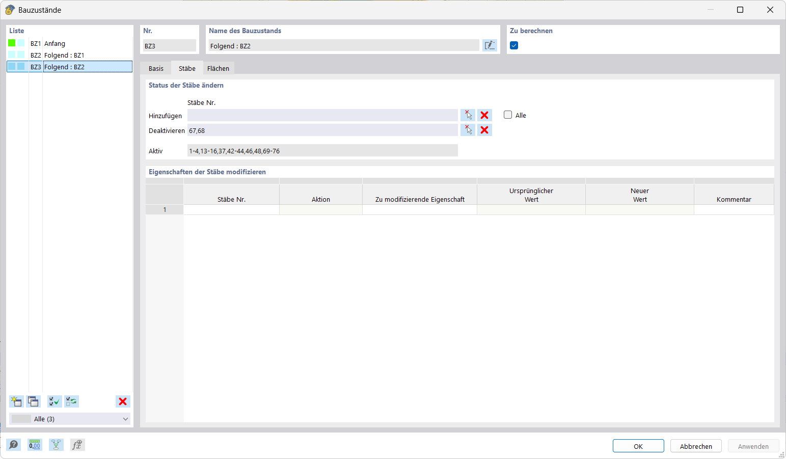 Visualization of structural objects in the construction stage with options for adding and deactivating.