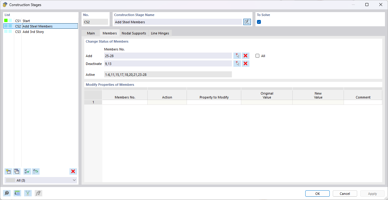 Visualization of structural objects in the construction stage with options for adding and deactivating.