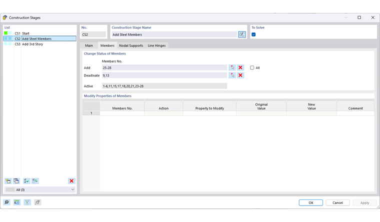Visualization of structural objects in the construction stage with options for adding and deactivating.