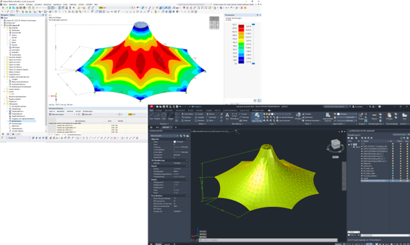 Computer screen shows exported FEM mesh with highlighted deformed structure in a software model.