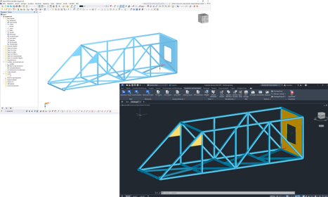 Model nosné konstrukce ve 3D je exportován z programu Dlubal do programu Advance Steel a zobrazen ve výkresu konstrukce a pohledech na profily.