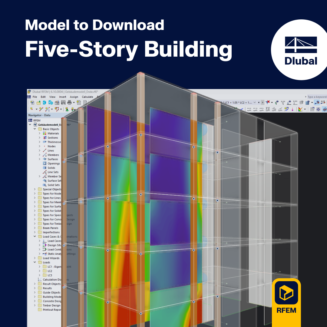 Model of a detailed five-story building showcasing contemporary structural solutions and material efficiency using RFEM.