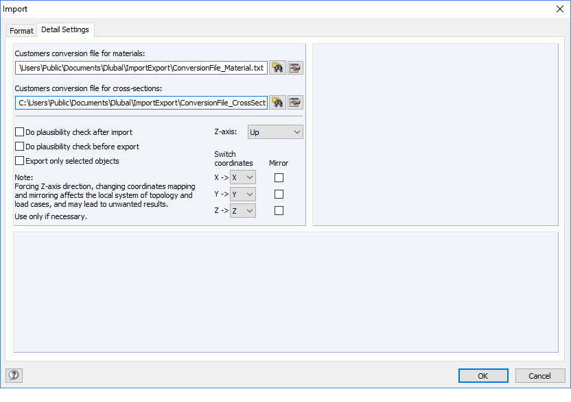 Dialog box with tab for detailed settings when importing or exporting data.