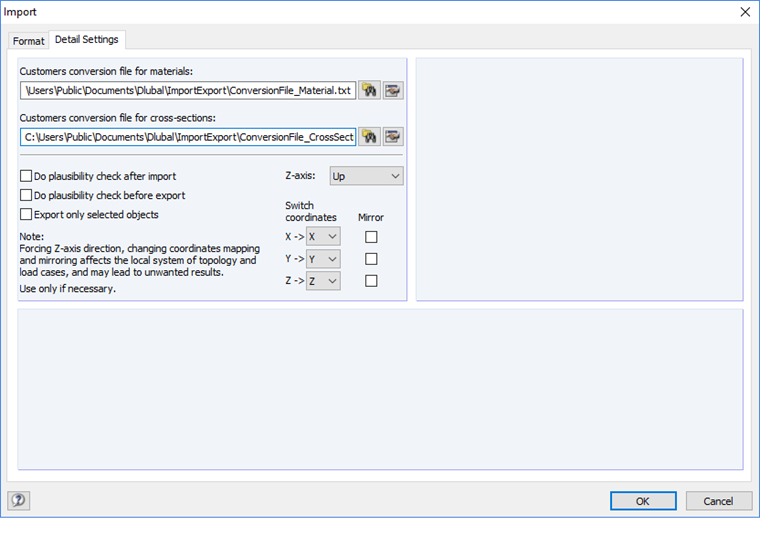 Dialog box with tab for detailed settings when importing or exporting data.