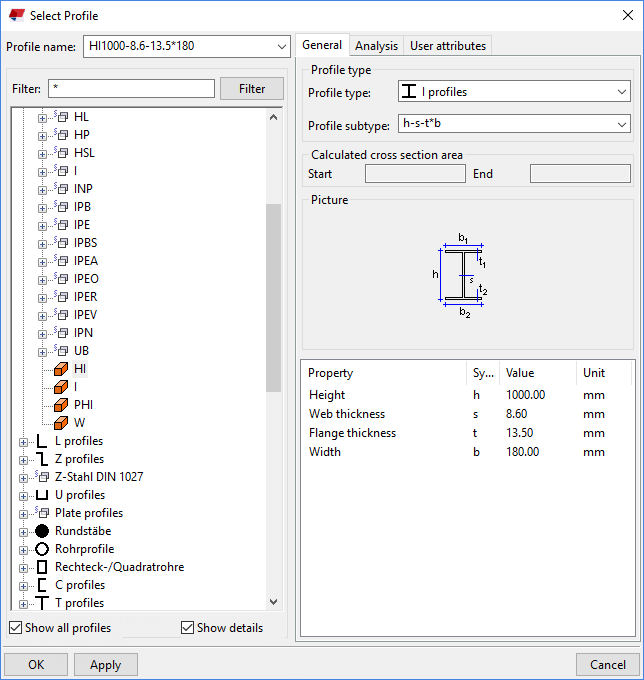 The image shows a window for selecting a cross-section in a software tool. The user selects defined cross-section parameters.