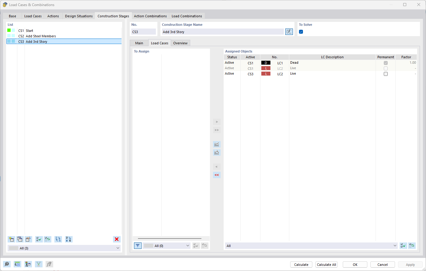 Dialog box for assigning load cases to construction stages in a structural engineering software.