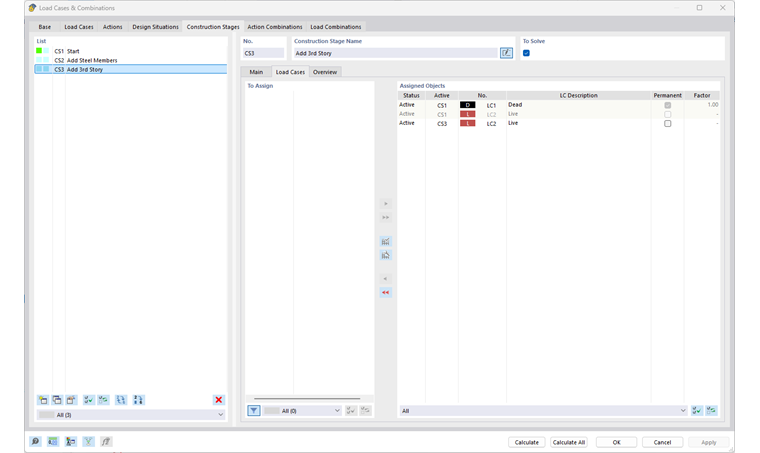 Dialog box for assigning load cases to construction stages in a structural engineering software.