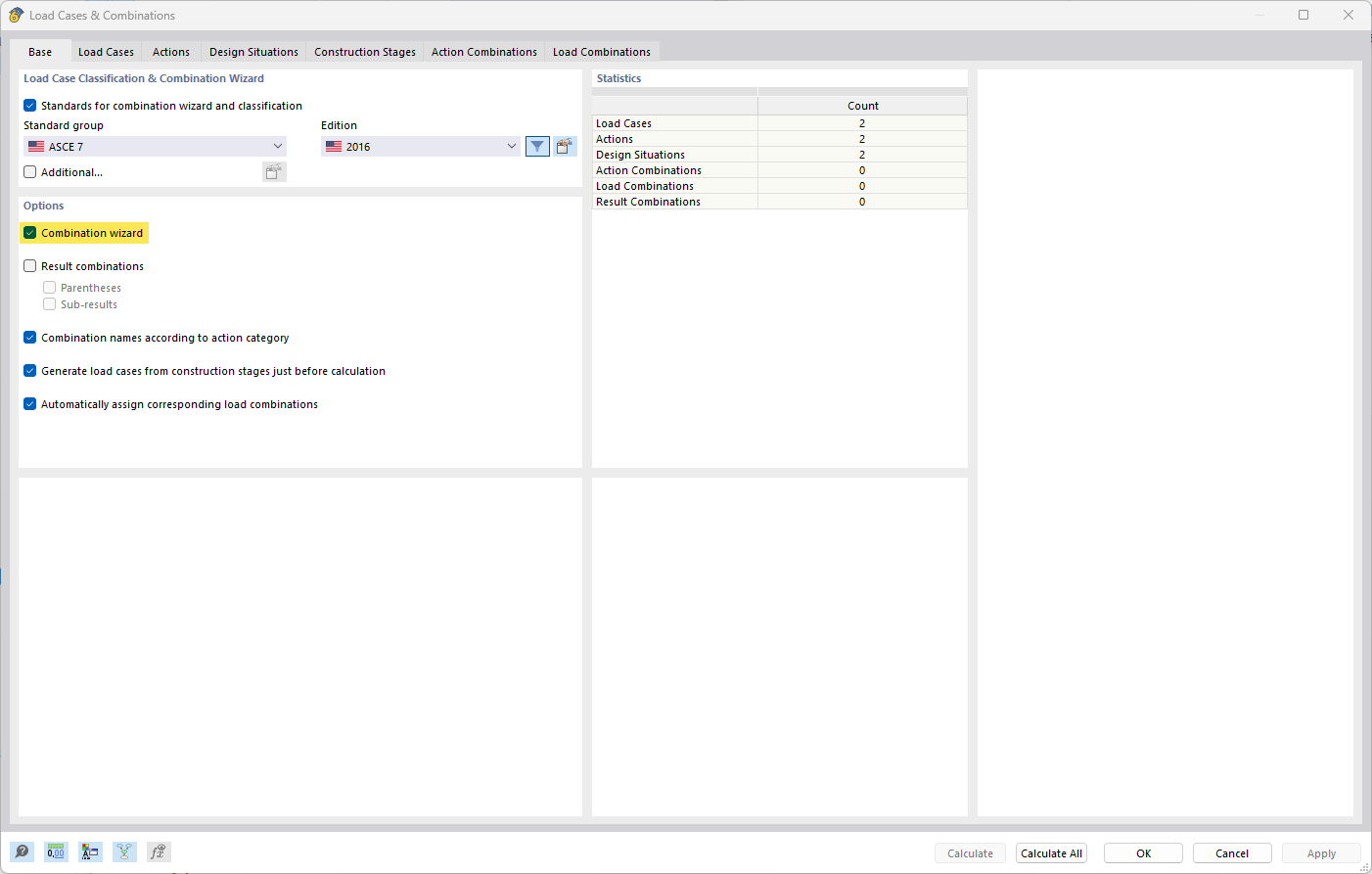Display of activating the Combination Wizard for automatic combinations in the software.