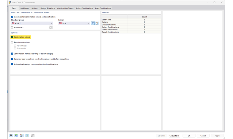Display of activating the Combination Wizard for automatic combinations in the software.