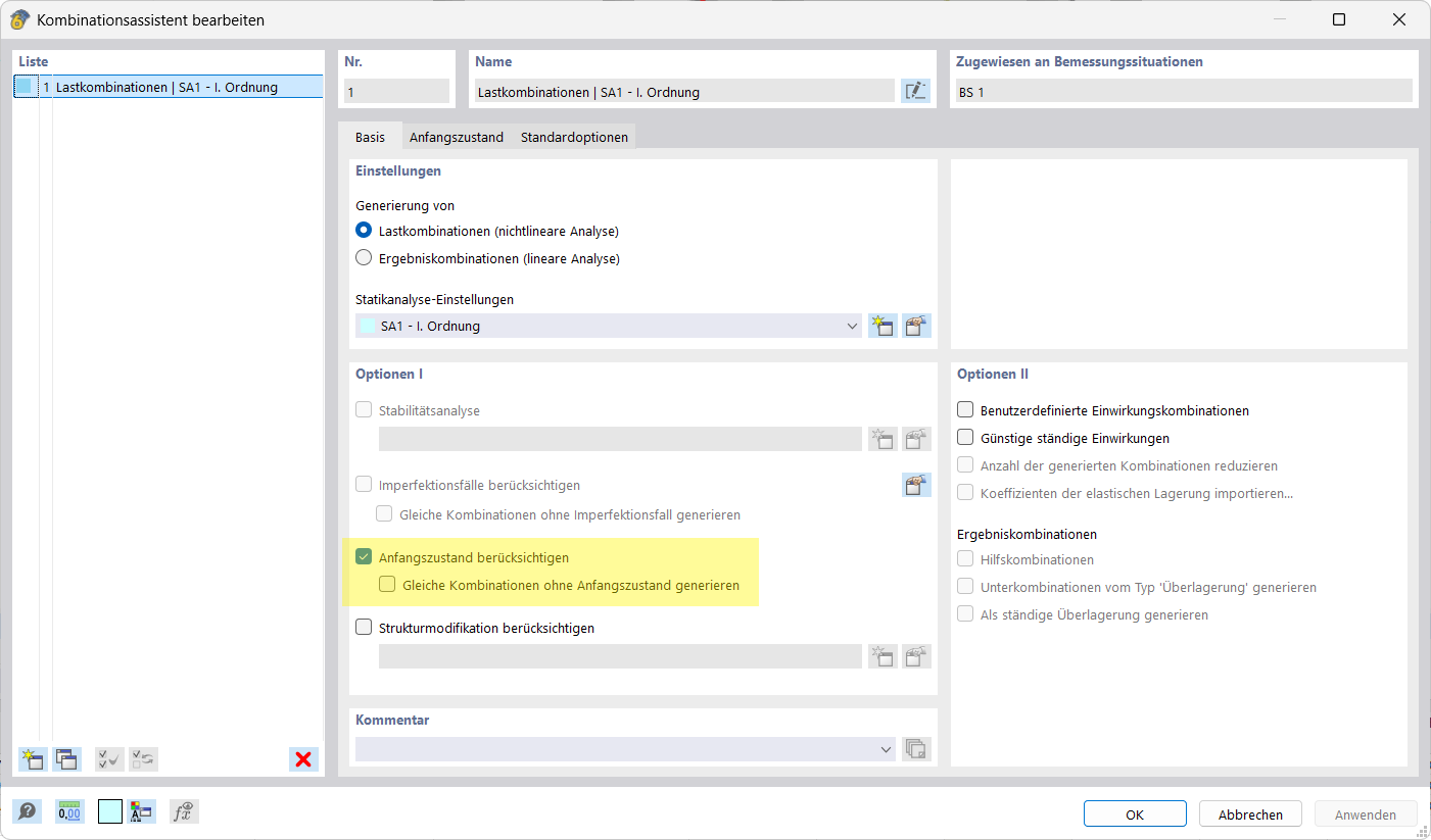 Option for considering the initial state visible in the Combination Wizard.