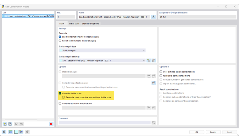 Option for considering the initial state visible in the Combination Wizard.