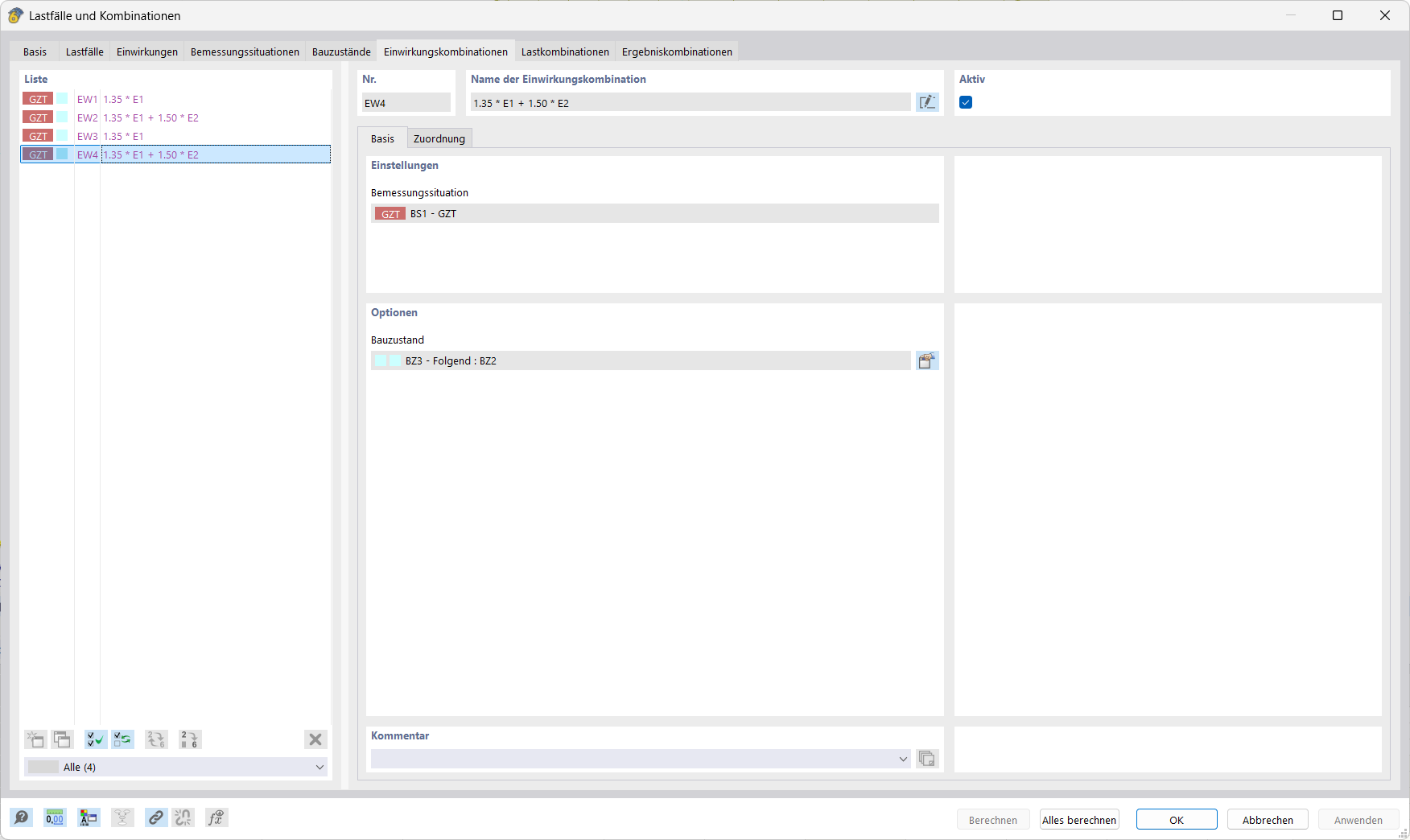 Automatic generation of action and load combinations for construction stages.