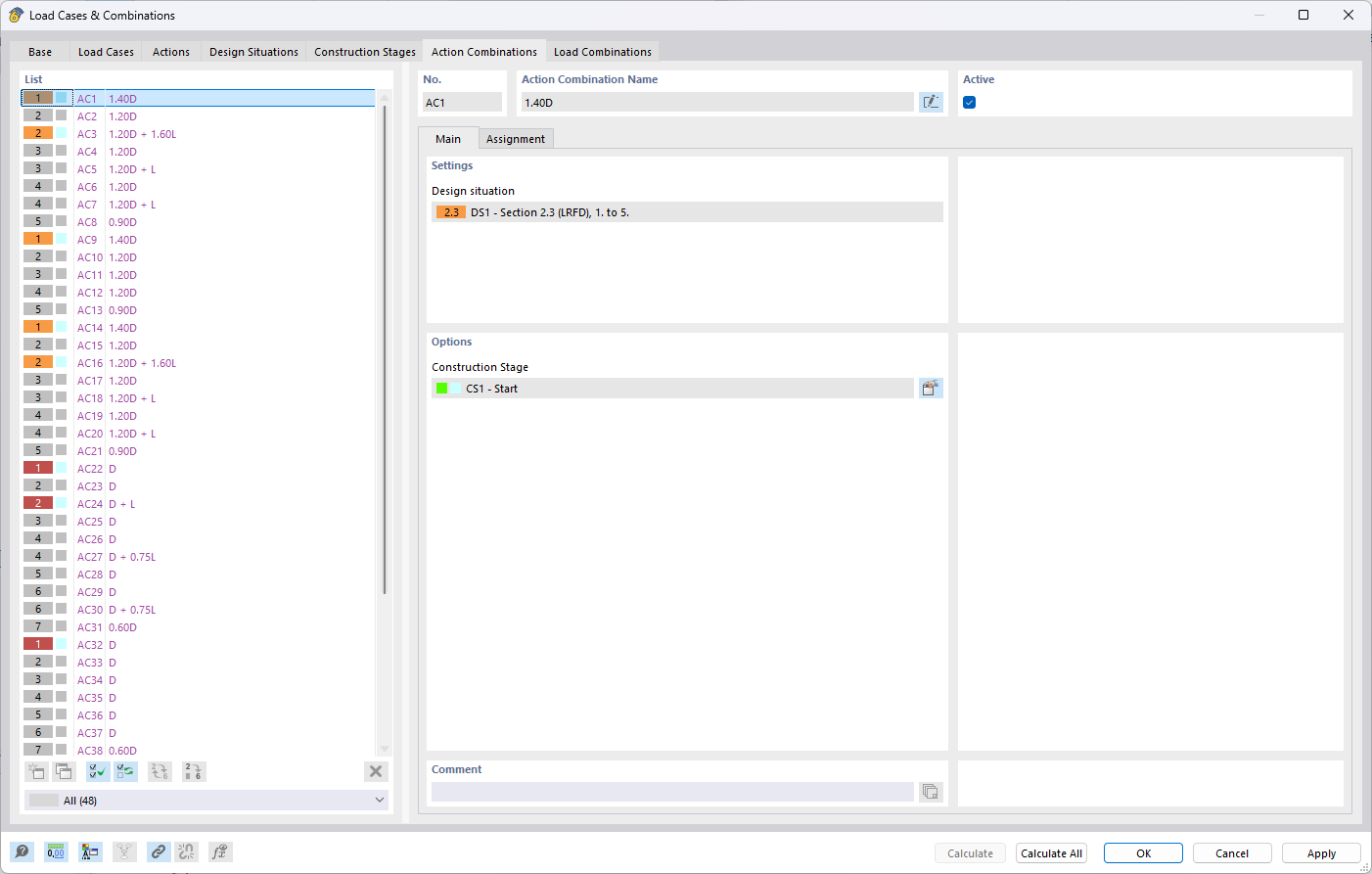 Automatic generation of action and load combinations for construction stages.