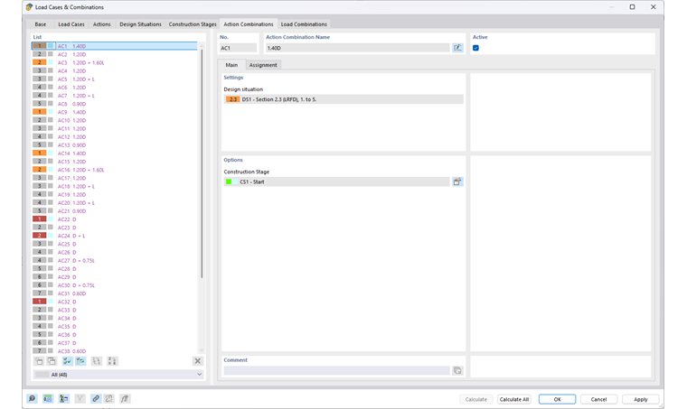 Automatic generation of action and load combinations for construction stages.