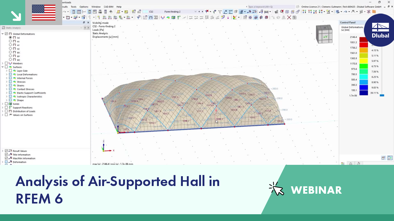 Air-supported hall structural analysis webinar utilizing RFEM 6 software features for modeling and load assessment.