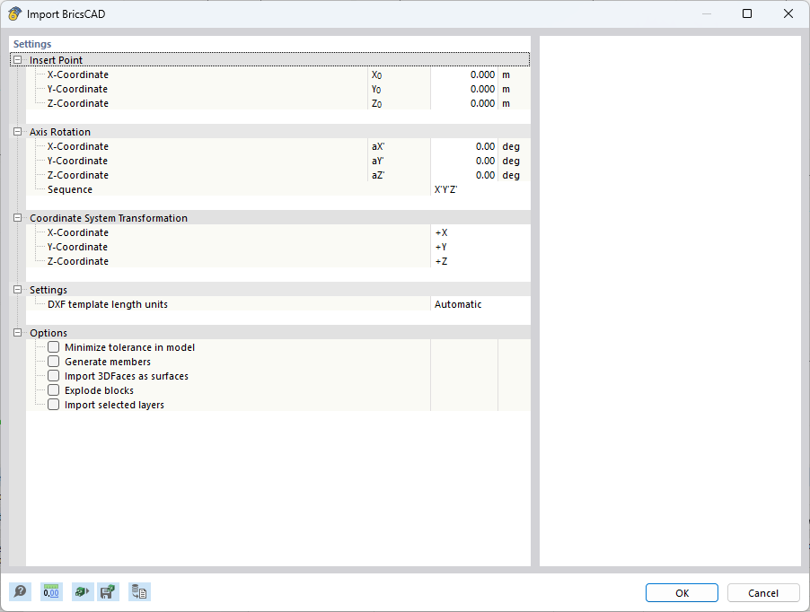 3D Model view of a BricsCAD data import with structural components and interfaces.
