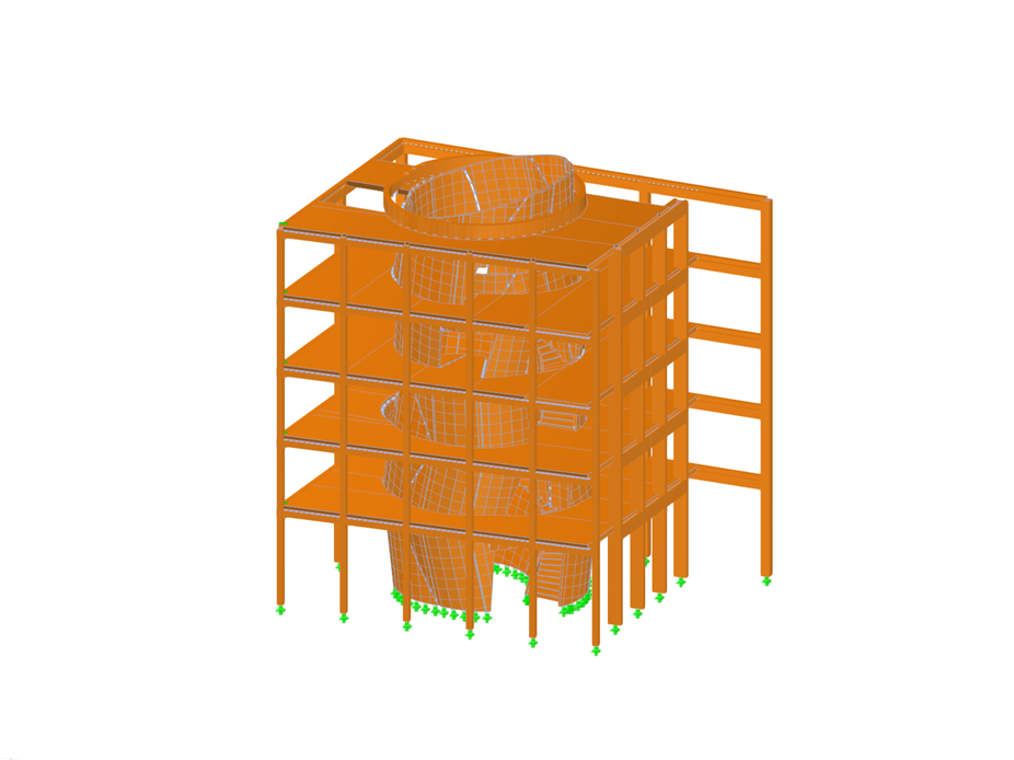 Modern timber structure with a decorative spiral staircase in the interior.