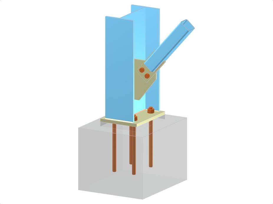 Structural assembly showing column base with gusset plate, bolted diagonal RHS to column web, tongue connecting plate, base plate, and proper anchoring.