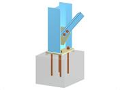 Column base with gusset plate and bolted diagonal connection, including I-profile column, L-profile diagonal to column web, and anchoring.