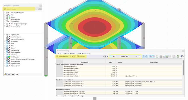 Results navigator and table view for construction stage analysis.