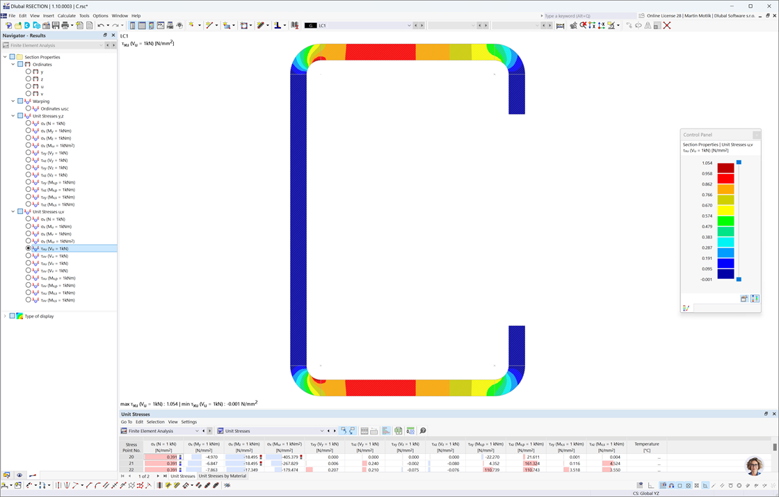 Analysis of stress in a thin-walled C-section model in RSECTION 1 featuring color-coded stress distribution.