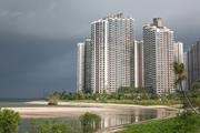 Urban panorama of Forest City, an abandoned modern development in Malaysia.