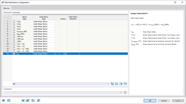 Dialog Box "Weld Stress Configuration"