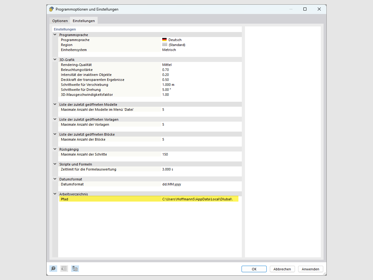 FAQ 005379 | Where can I find the working directory of RFEM 6, RSTAB 9, and RSECTION 1?