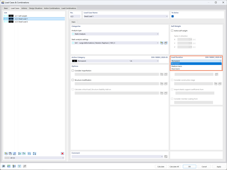 View of RFEM 6 showing load duration specification options in load case definitions.