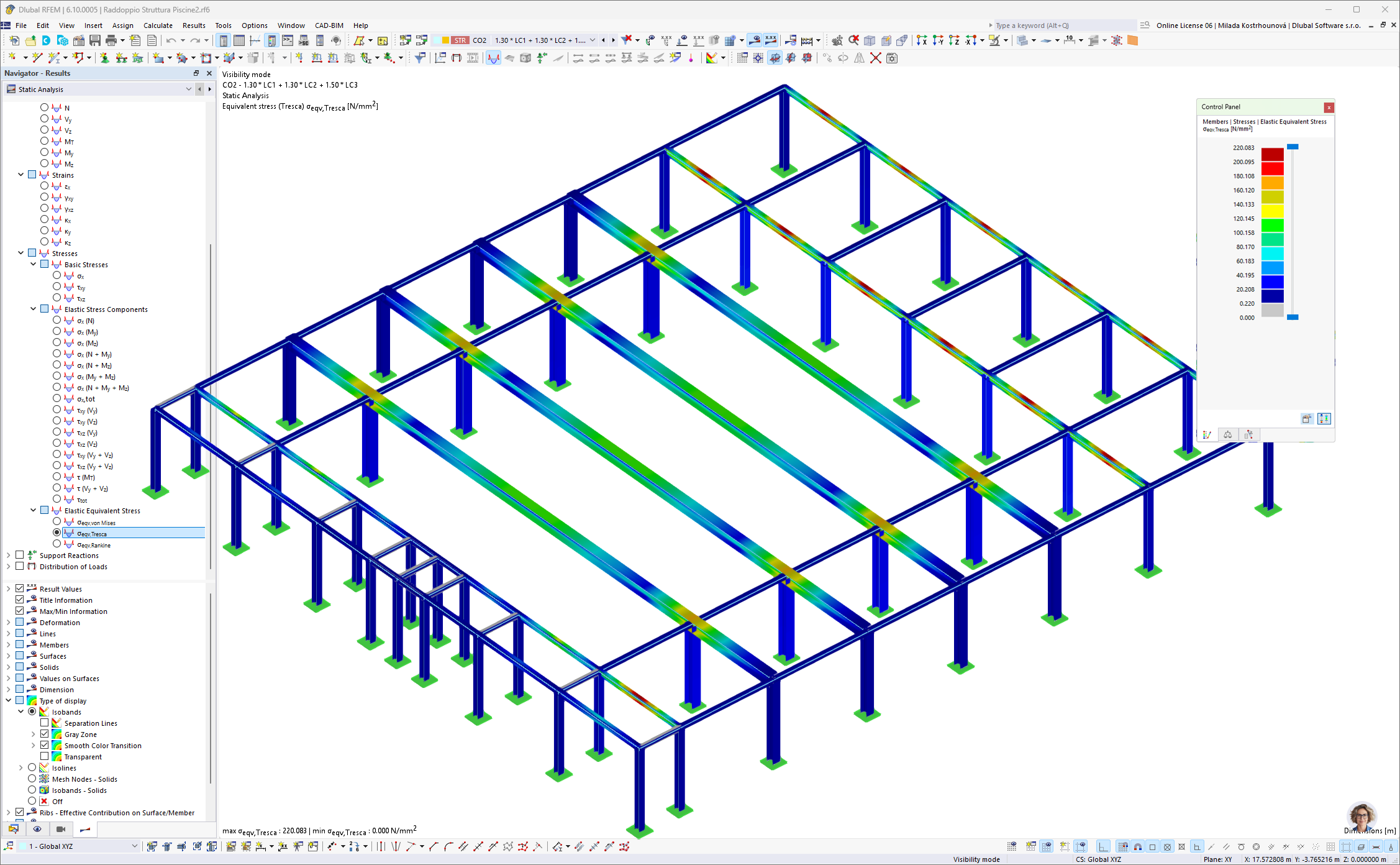 Elastic equivalent stress analysis model of swimming pool redevelopment in Sassari.