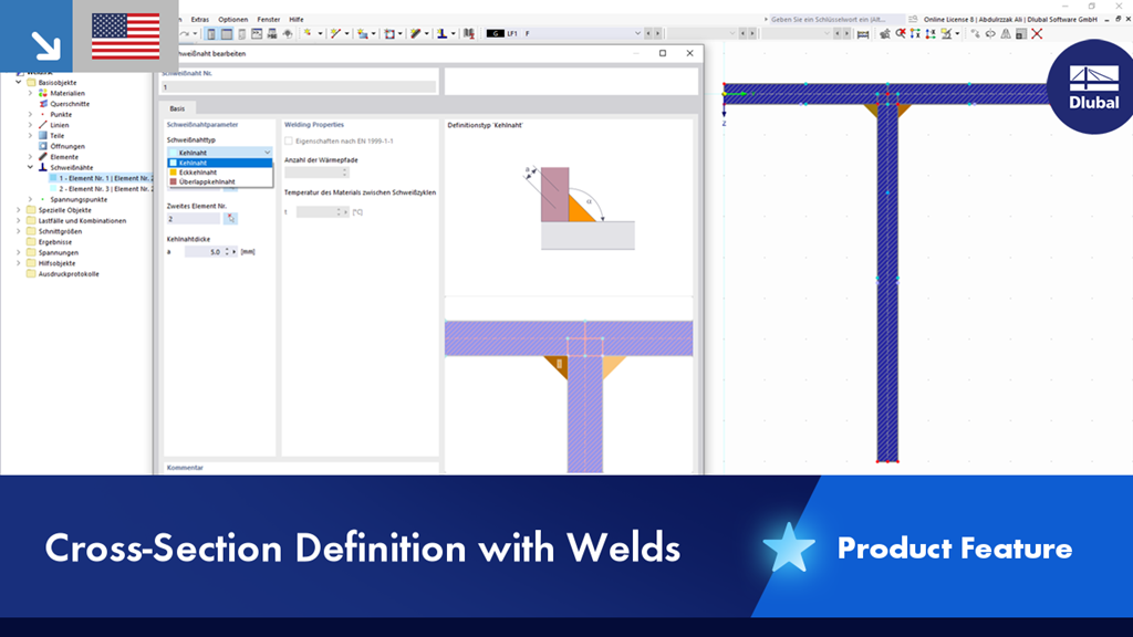 Weld definition and stress analysis in a cross-section program.