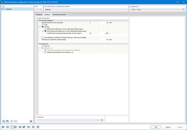 Settings for fire resistance design with permanent definition and component assignment of walls or slabs.