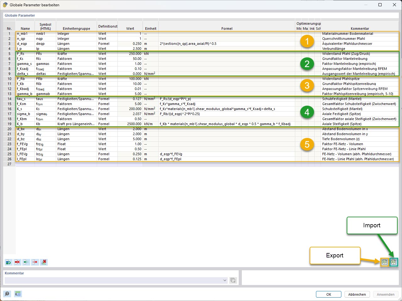 KB 001955 | Parametric Pile Modeling with Empirical Pile Resistances According to Tschuchnigg | Global parameters (with grouping and labeling import/export)