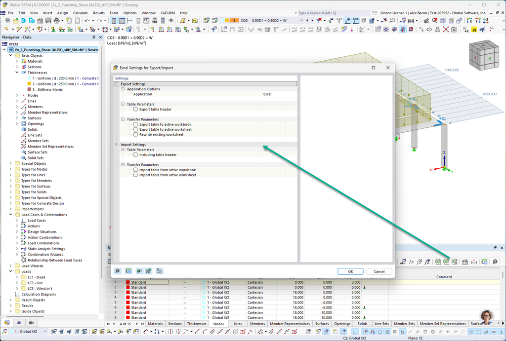Excel settings for importing and exporting structure and load data via an API.