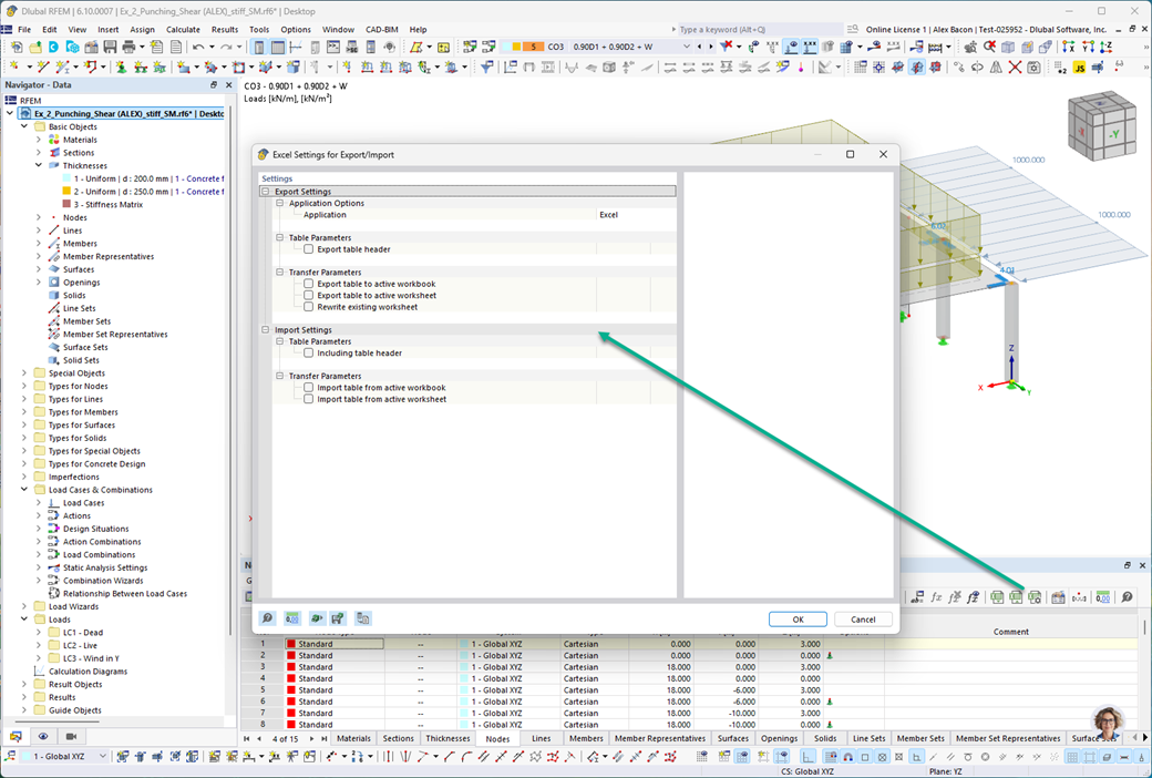 Excel settings for importing and exporting structure and load data via an API.