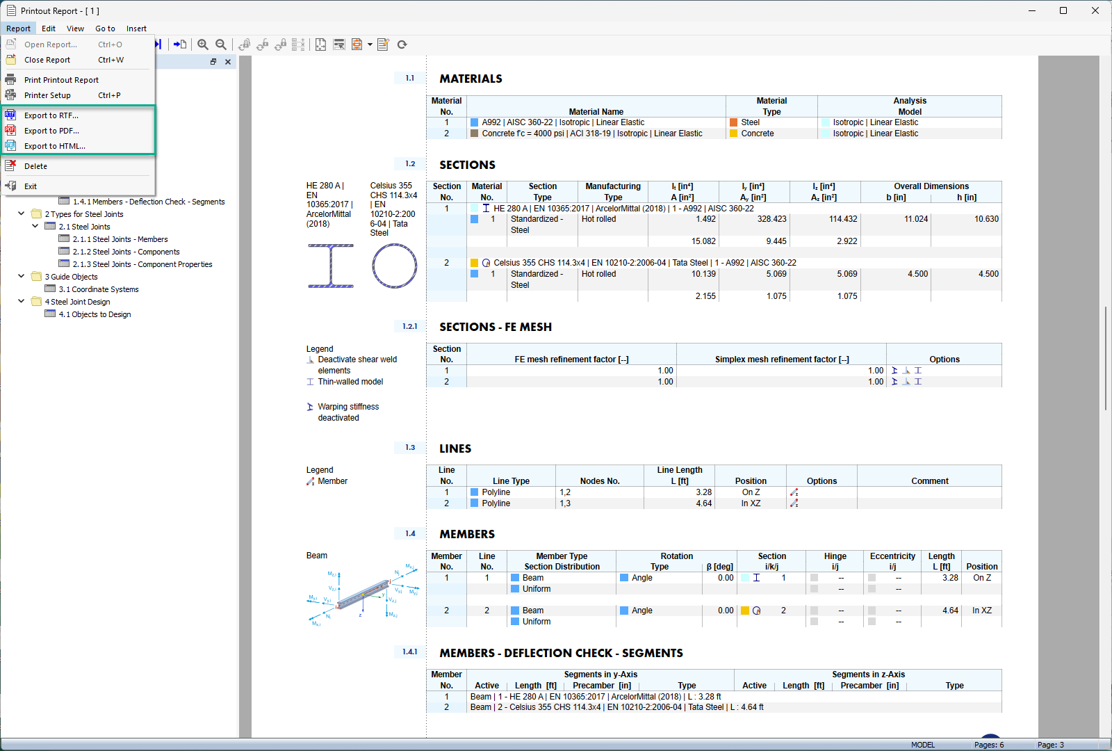 Illustration of the export options for a printout report in RTF, PDF, and HTML format.
