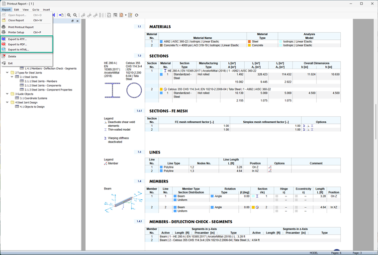 Illustration of the export options for a printout report in RTF, PDF, and HTML format.