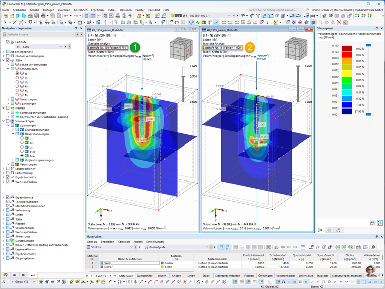 KB 001955 | Parametric Pile Modeling with Empirical Pile Resistances According to Tschuchnigg | Results of the axial force in the pile and the principal shear stress in the soil solid