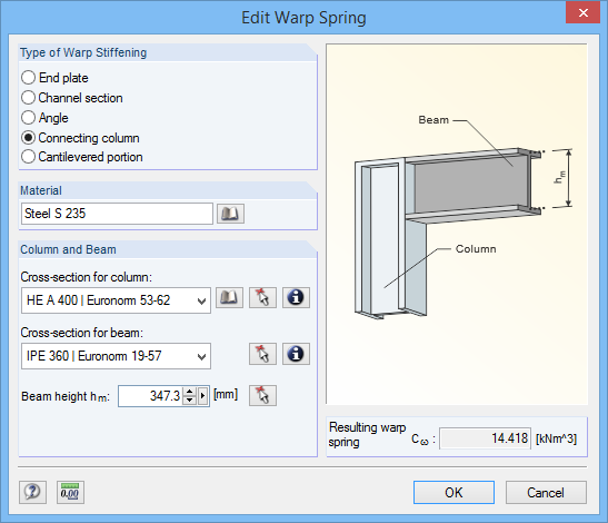 The dialog box for editing warp springs allows for adjustments to design-relevant parameters within a structural model.