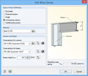 The dialog box for editing warp springs allows for adjustments to design-relevant parameters within a structural model.