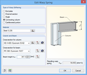 The dialog box for editing warp springs allows for adjustments to design-relevant parameters within a structural model.