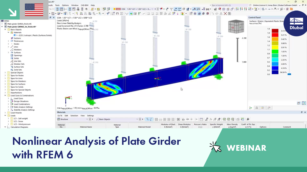 Screenshot from a webinar discussing nonlinear analysis of plate girders using RFEM 6 software tools.