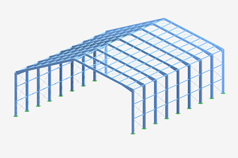 Model of a rigid frame building with clear span, ideal for large spaces like hangars or warehouses.