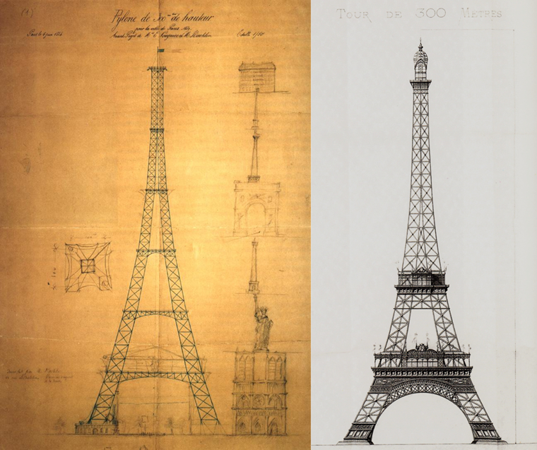 Comparison of the original and final designs of the Eiffel Tower by engineers and architects.