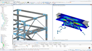 A steel structure model with an open submodel window displaying a steel joint, showing force transfer and stress results.