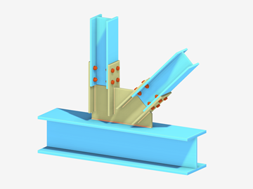 Steel joint model showcasing the connection between a diagonal and beam in a truss structure.